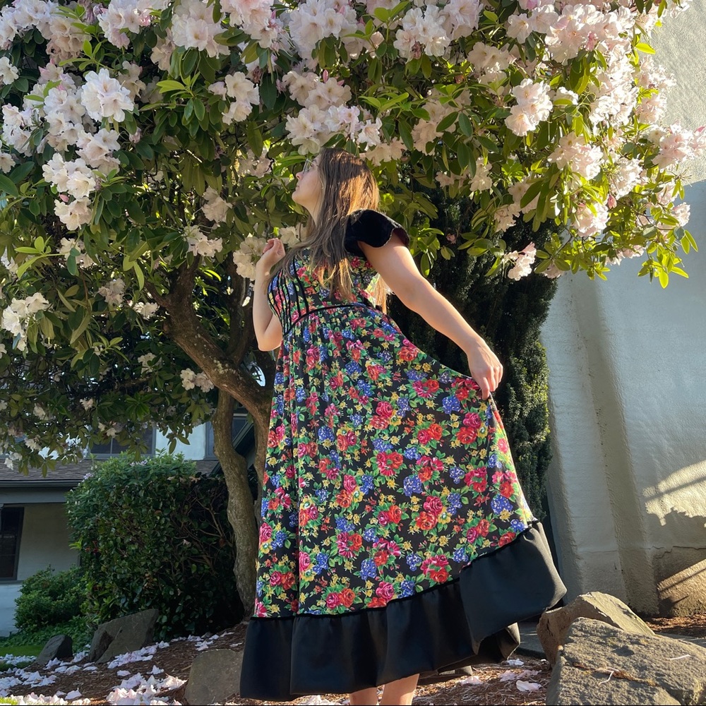 Handmade Gunne Sax Style Vintage Upcycle Homespun Gown Black Floral Print Velvet - Picture 9 of 9